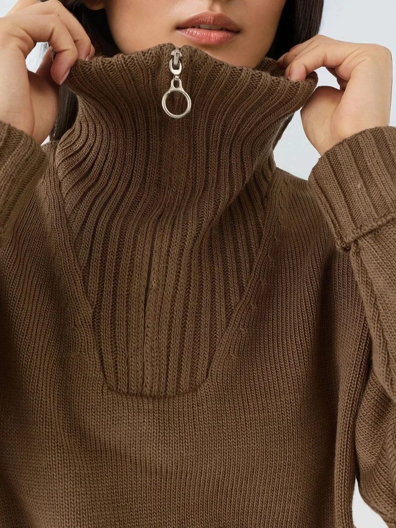 My Fashion Mocha Brown MY FASHION Oversized Ribbed Knit Sweater with Zipper Collar for Women | Best Price UAE