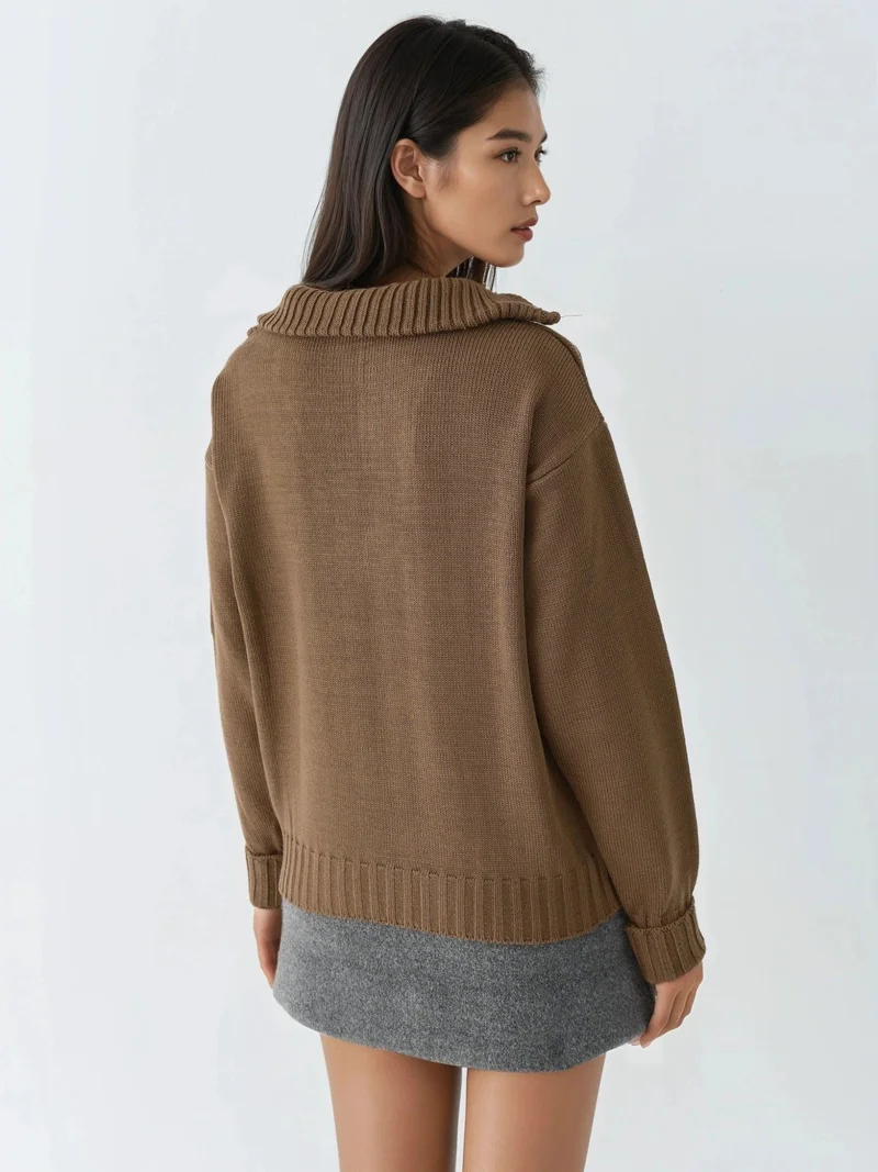 My Fashion Mocha Brown MY FASHION Oversized Ribbed Knit Sweater with Zipper Collar for Women | Best Price UAE