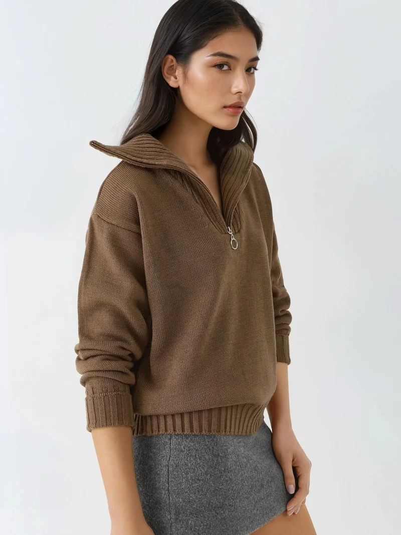 My Fashion Mocha Brown MY FASHION Oversized Ribbed Knit Sweater with Zipper Collar for Women | Best Price UAE