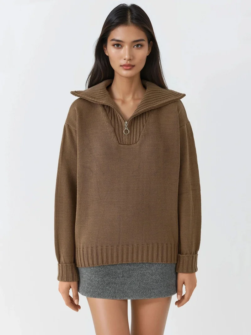 My Fashion Mocha Brown MY FASHION Oversized Ribbed Knit Sweater with Zipper Collar for Women | Best Price UAE