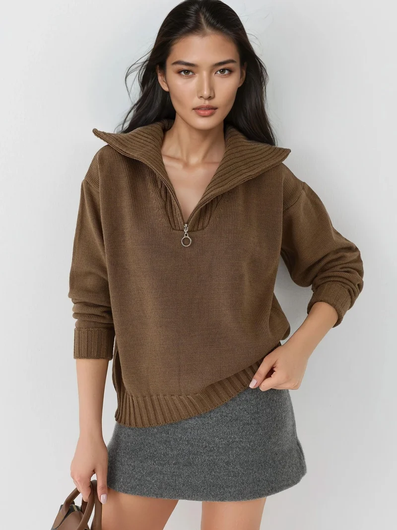 MY FASHION Oversized Ribbed Knit Sweater with Zipper Collar