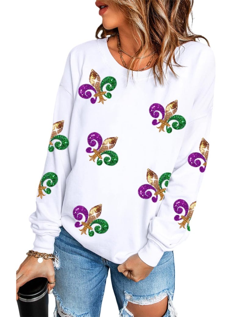 Ecosunny Women's White Sequin Carnival Graphic Sweatshirt Round Neck Long Sleeve Casual Print Holiday Tops - Image 1