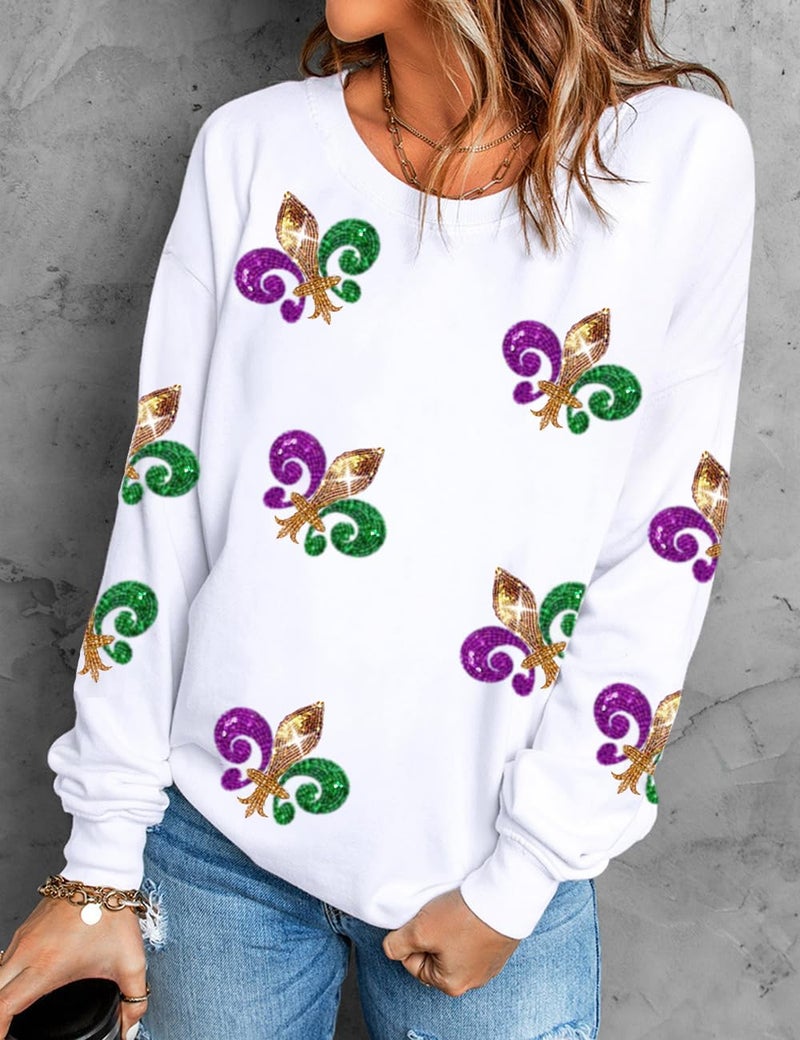 Ecosunny Women's White Sequin Carnival Graphic Sweatshirt Round Neck Long Sleeve Casual Print Holiday Tops - Image 2