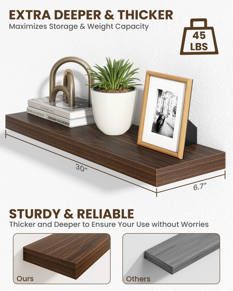 Marsmiles 30" Floating Shelves for Wall, Wooden Shelves with Invisible Brackets Set of 2, Rustic Farmhouse Wall Mounted Shelf for Kitchen Bathroom Living Room Study, Walnut - Image 4