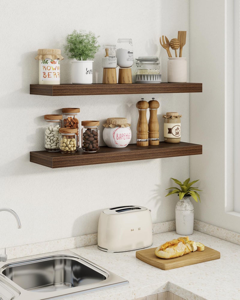 Marsmiles 30" Floating Shelves for Wall, Wooden Shelves with Invisible Brackets Set of 2, Rustic Farmhouse Wall Mounted Shelf for Kitchen Bathroom Living Room Study, Walnut - Image 2