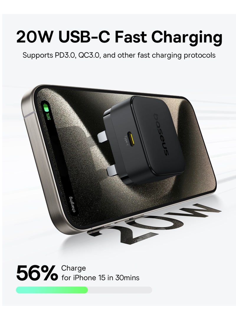 بيسوس مجموعة شاحن سريع 20 واط iPhone 16 PD – محول حائط USB-C نوع-C + كابل USB-C إلى USB-C 60 واط 1 متر – متوافق مع iPhone 16 Pro Max، 16e، 15، iPad Pro، Air، Mini، Samsung، Pixel، OnePlus، هواتف ذكية وأجهزة لوحية USB-C، أجهزة توصيل الطاقة – كابل متين + رأس شاحن مدمج (أسود) - Image 2