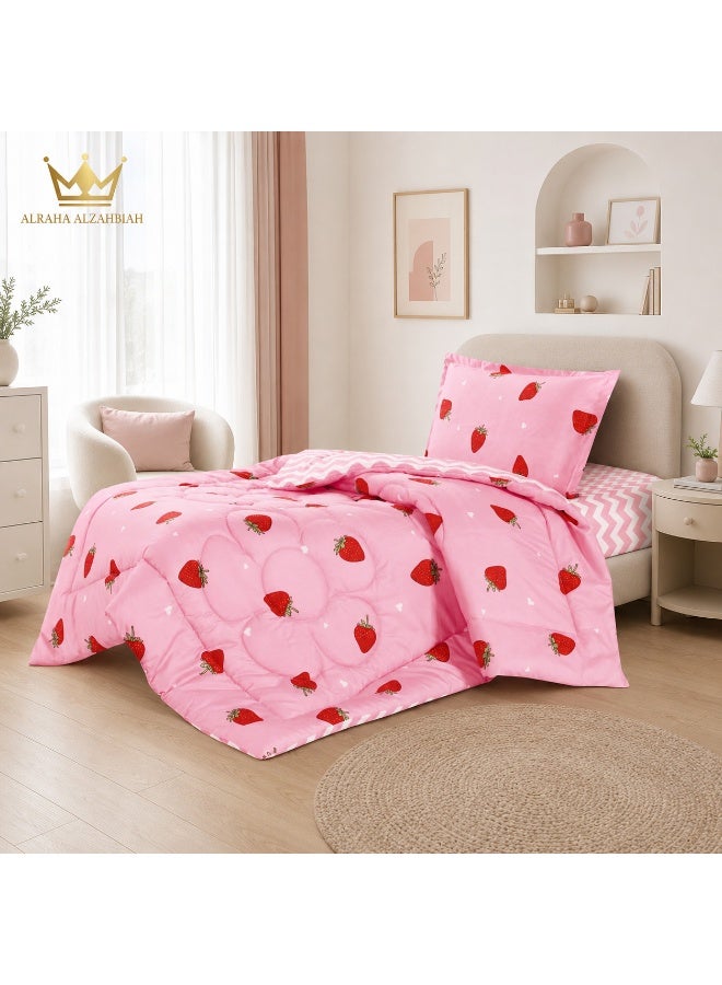 طقم مفارش أطفال 3 قطع مايكروفايبر – لحاف 160×220 سم بحشوة بوليستر 3 كجم مع شرشف مطاط وكيس مخدة – عدة ألوان