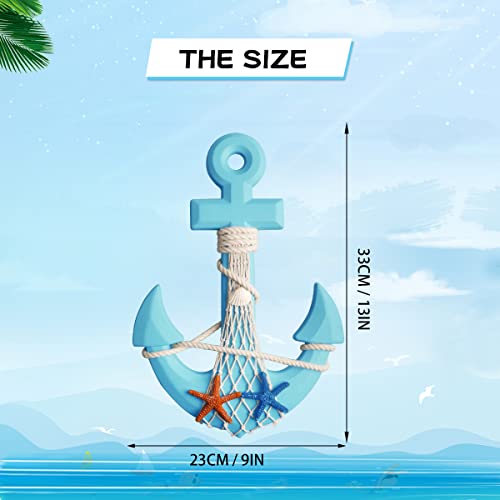 Meching 2 Pack 11" Nautical Wooden Ship Wheel and 13" Wood Anchor with Rope Nautical Boat Steering Wheel Rudder Anchor Wall Decor Door Hanging Ornament Beach Theme Home Wall Decoration(Light Blue) - Image 3