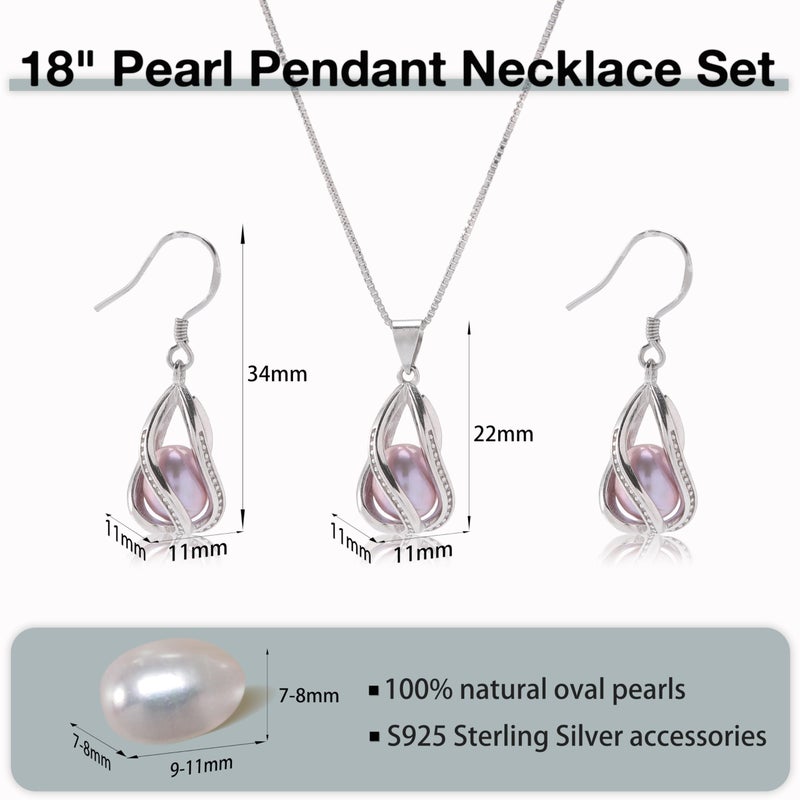 HENGSHENG Pearl Jewelry Set For Women S925 Sterling Silver Necklace & Earrings Set Freshwater Pearl Pendant Cage Set for Wedding Anniversary Prom Birthday Gift - Silvery Purple - Image 3