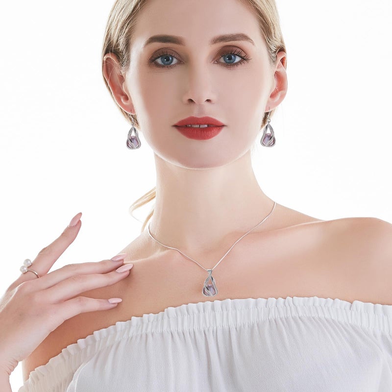 HENGSHENG Pearl Jewelry Set For Women S925 Sterling Silver Necklace & Earrings Set Freshwater Pearl Pendant Cage Set for Wedding Anniversary Prom Birthday Gift - Silvery Purple - Image 5