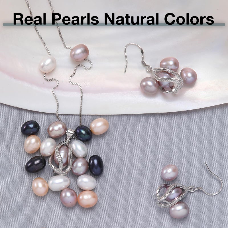 HENGSHENG Pearl Jewelry Set For Women S925 Sterling Silver Necklace & Earrings Set Freshwater Pearl Pendant Cage Set for Wedding Anniversary Prom Birthday Gift - Silvery Purple - Image 4