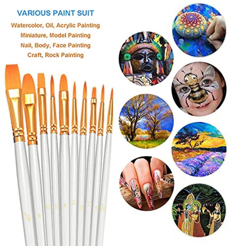 Generic Paint Brushes Set, 2 Pack 20 Pcs Round Pointed Tip Paintbrushes Nylon Hair Artist Acrylic Paint Brushes for Acrylic Oil Watercolor, Face Nail Art, Miniature Detailing & Rock Painting, White - Image 3