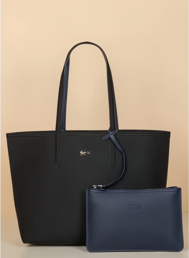 لاكوست حقيبة يد نسائية من لاكوست بطبقتين ولونين، سعة كبيرة، عصرية ومتعددة الوظائف، أسود/أزرق داكن - Image 1