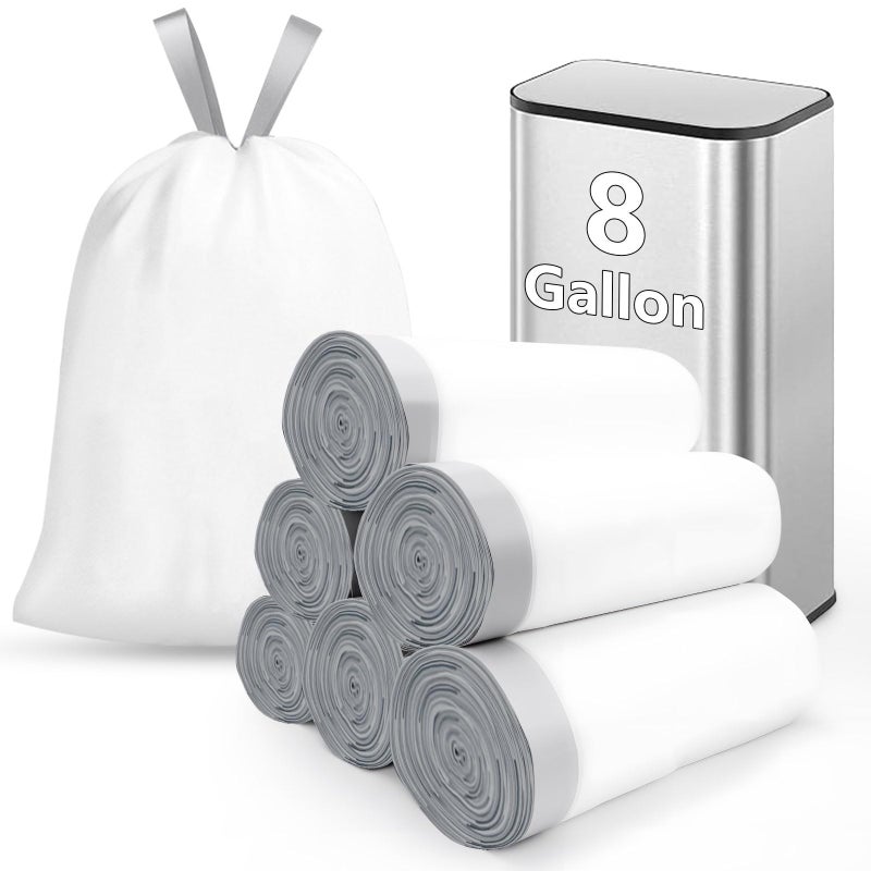 Loveishere 270 Count Heavy-Duty Trash Bags, Compatible with SONGMICS 8-Gallon (30L) Trash Can, Pre-Separated Drawstring Kitchen Garbage Bags, Ideal for Home & Office, 19.9 x 29.1 Inches, 6 Rolls, White - Image 1