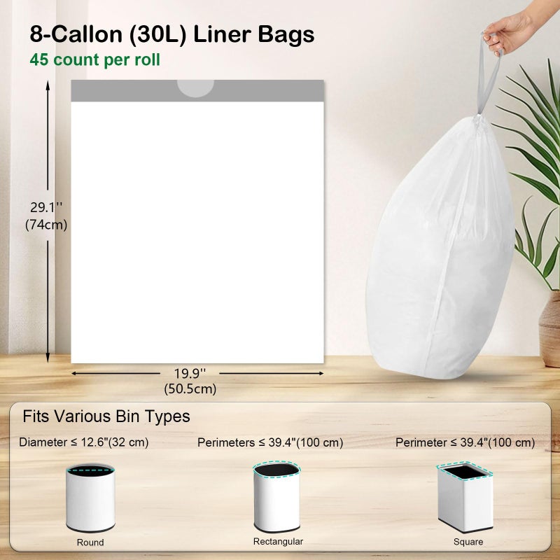 Loveishere 270 Count Heavy-Duty Trash Bags, Compatible with SONGMICS 8-Gallon (30L) Trash Can, Pre-Separated Drawstring Kitchen Garbage Bags, Ideal for Home & Office, 19.9 x 29.1 Inches, 6 Rolls, White - Image 3