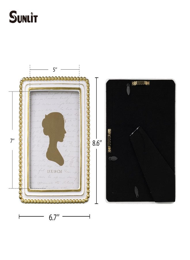 Sunlit إطار صور عتيق مضاء بأشعة الشمس، مقاس 5×7 بوصة، بحافة مزخرفة بالخرز، إطارات صور مربعة فاخرة عتيقة الطراز بواجهة زجاجية، عرض صور بوهيمي، تعليقة جدارية أو على الطاولة، فكرة هدية، أبيض وذهبي - Image 2