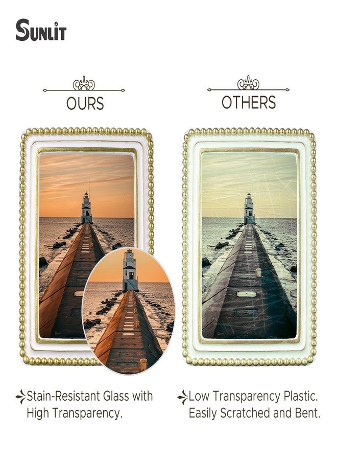 Sunlit إطار صور عتيق مضاء بأشعة الشمس، مقاس 5×7 بوصة، بحافة مزخرفة بالخرز، إطارات صور مربعة فاخرة عتيقة الطراز بواجهة زجاجية، عرض صور بوهيمي، تعليقة جدارية أو على الطاولة، فكرة هدية، أبيض وذهبي - Image 3