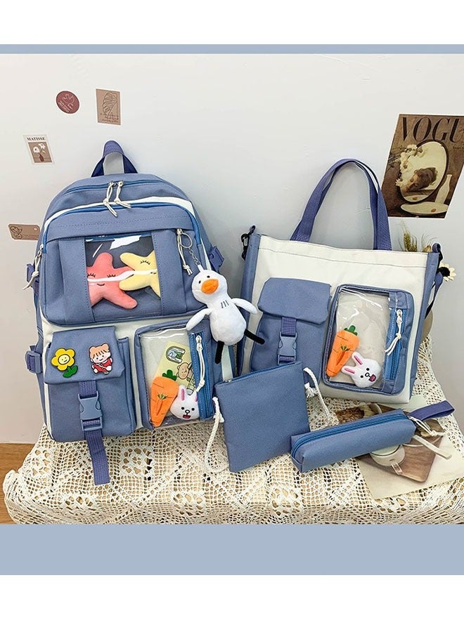 MLADEN 4Pcs Backpack School Bags Set Lightweight Large Capacity Backpacks Messenger Bag Pencil Bag Shoulder bag for Teen Girls School Backpack Blue - Image 3