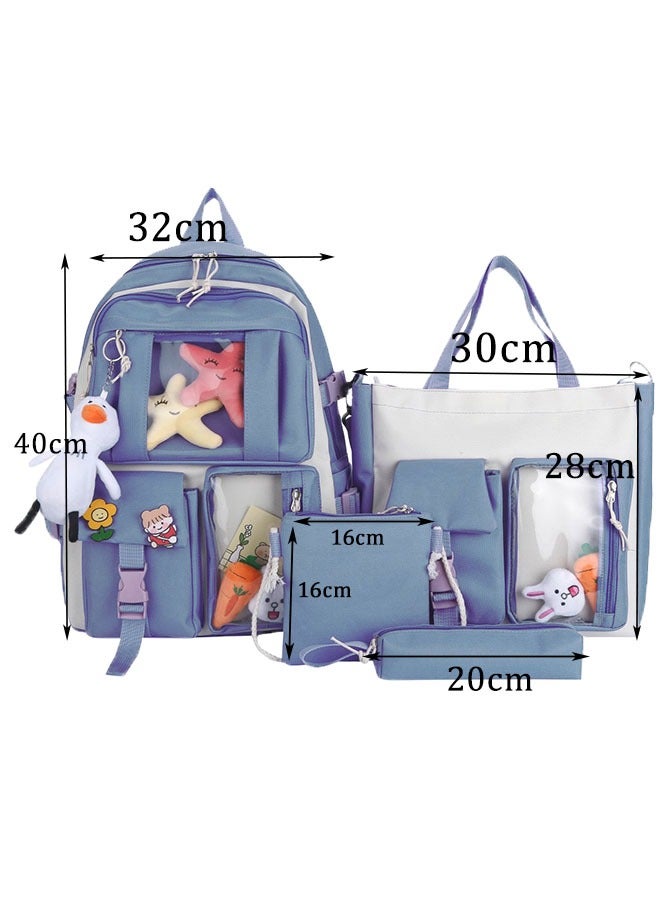 MLADEN 4Pcs Backpack School Bags Set Lightweight Large Capacity Backpacks Messenger Bag Pencil Bag Shoulder bag for Teen Girls School Backpack Blue - Image 2
