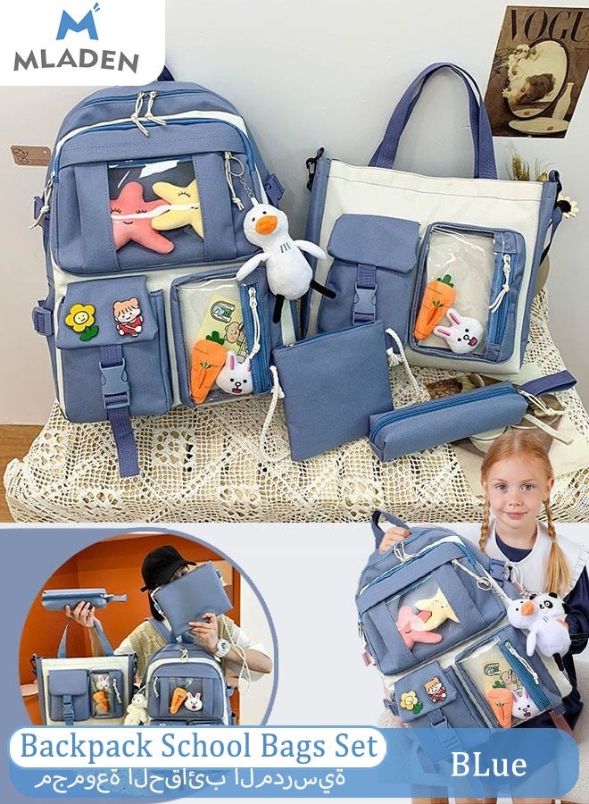 MLADEN 4Pcs Backpack School Bags Set Lightweight Large Capacity Backpacks Messenger Bag Pencil Bag Shoulder bag for Teen Girls School Backpack Blue - Image 1