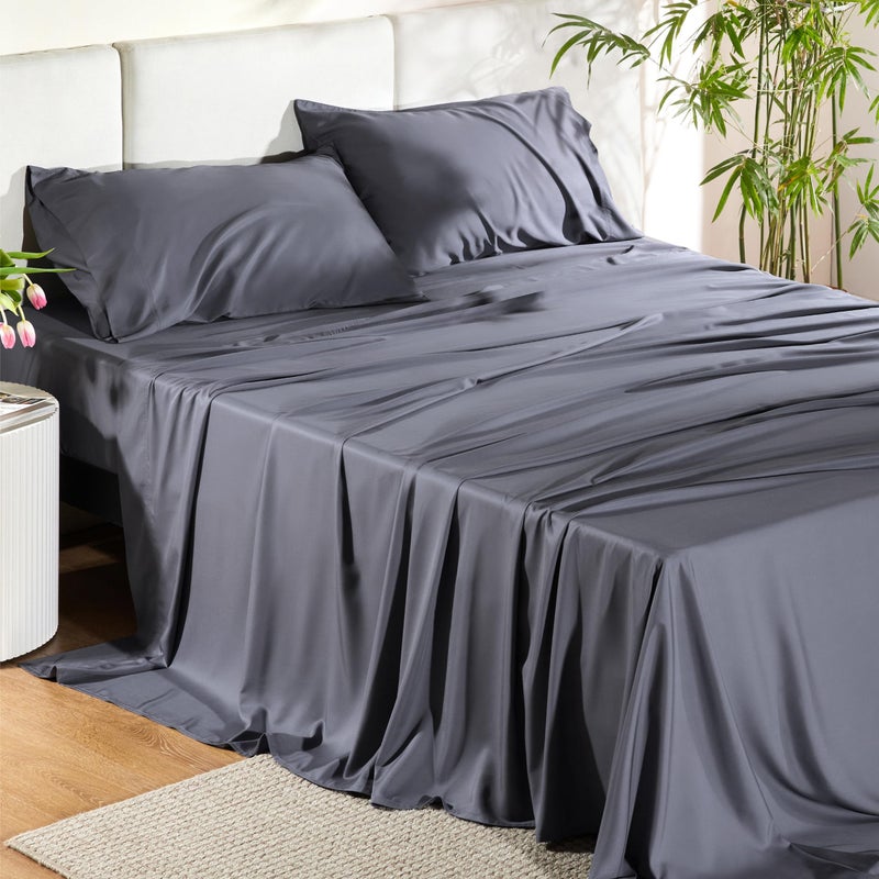 Bedsure King Size Sheets Set, Cooling Sheets for Hot Sleepers, Rayon Derived from Bamboo, Breathable & Soft, Deep Pocket Up to 16 Inches, Hotel Luxury Silky Bedding, Dark Grey - Image 1