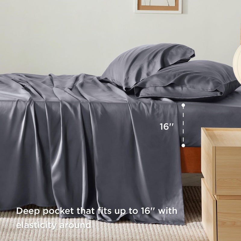 Bedsure King Size Sheets Set, Cooling Sheets for Hot Sleepers, Rayon Derived from Bamboo, Breathable & Soft, Deep Pocket Up to 16 Inches, Hotel Luxury Silky Bedding, Dark Grey - Image 4