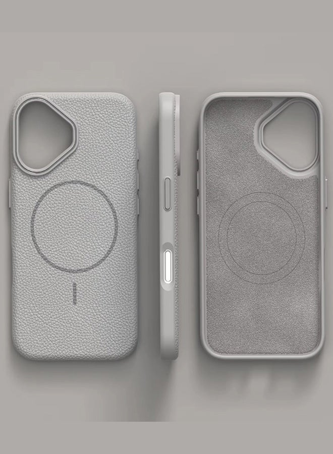 Magsafe Phone Case For iPhone 16 With High Quality Rubber Frame And Slim Lychee Pattern Leather Case with Camera Lens Protection Shockproof Cover And support wireless Charging Leather Cover for iPhone 16 - Grey - Image 2