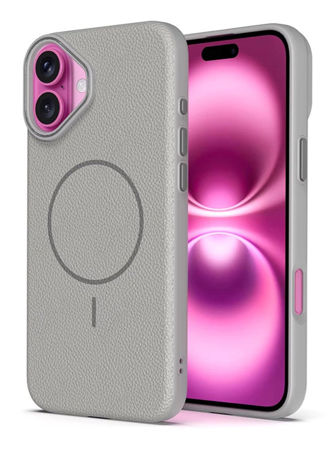 Magsafe Phone Case For iPhone 16 With High Quality Rubber Frame And Slim Lychee Pattern Leather Case with Camera Lens Protection Shockproof Cover And support wireless Charging Leather Cover for iPhone 16 - Grey - Image 1