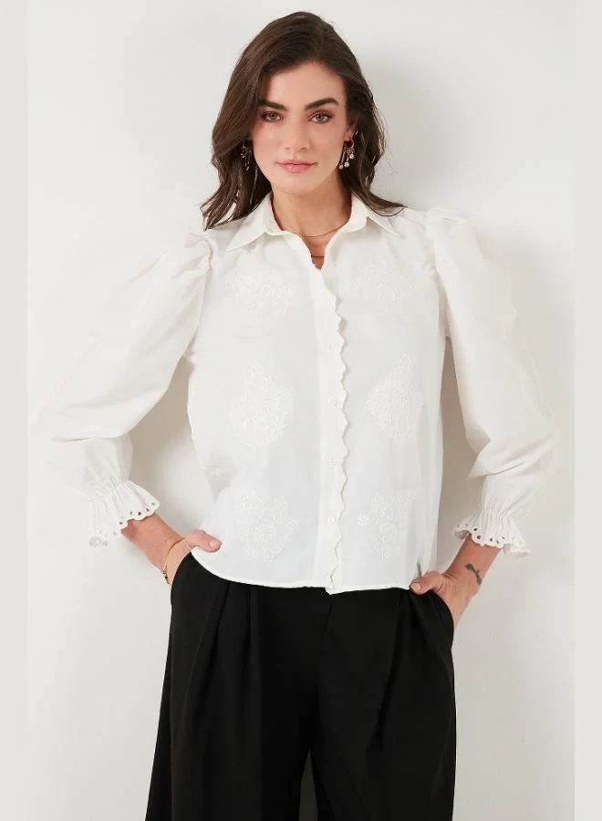 ليلا قميص نسائي قطني بتصميم الأكمام المنفوخة والمطرز من ليلا