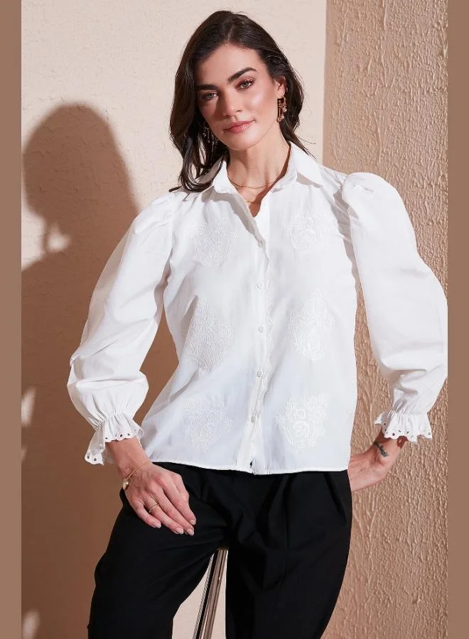 ليلا قميص نسائي قطني بتصميم الأكمام المنفوخة والمطرز من ليلا