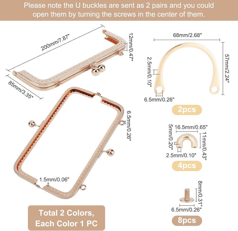cheekyglo 3 Styles Metal Purse Handle Frame, Rectangle Bag Kiss Clasp Lock Semicircle Purse Handle with Screw Coin Purse Clutch Clasp Frame Handmade Bag Handle DIY Craft Handbag Making Accessorie - Image 4
