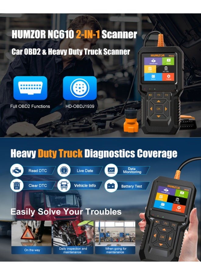 هامزور - NC610 obd2 الماسح الضوئي للسيارة الثقيلة شاحنة رمز القارئ أداة تشخيص الديزل وظيفة obdii الكاملة 2 في 1 محرك السيارات والشاحنة ضوء واضح فحص خطأ أداة المسح التشخيصي - Image 1