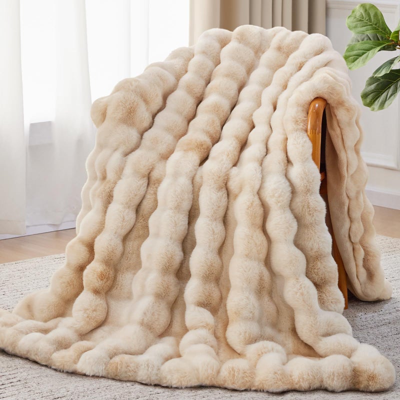 Anysay Faux Fur Throw Blanket, 1000GSM Fluffy Soft Bubble Blanket for Couch Bed, Cozy Plush Warm and Thick Blanket, Fuzzy Rabbit Throw for Living Room Bedroom 50''*60'' Tie-dye Camel - Image 1