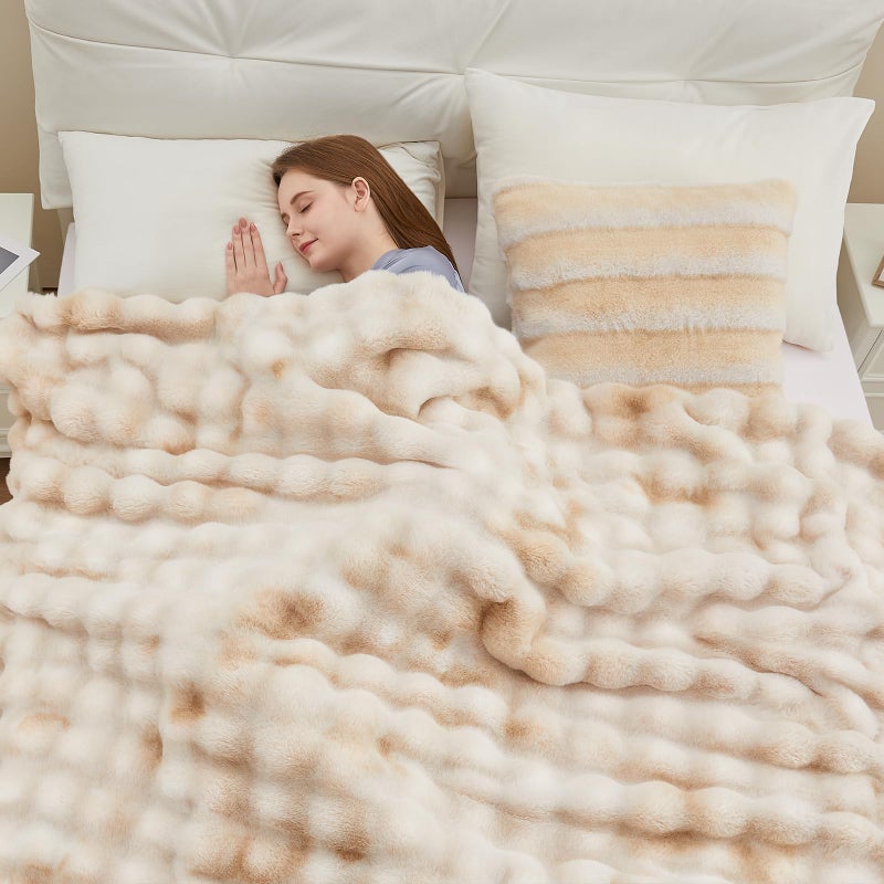 Anysay Faux Fur Throw Blanket, 1000GSM Fluffy Soft Bubble Blanket for Couch Bed, Cozy Plush Warm and Thick Blanket, Fuzzy Rabbit Throw for Living Room Bedroom 50''*60'' Tie-dye Camel - Image 3