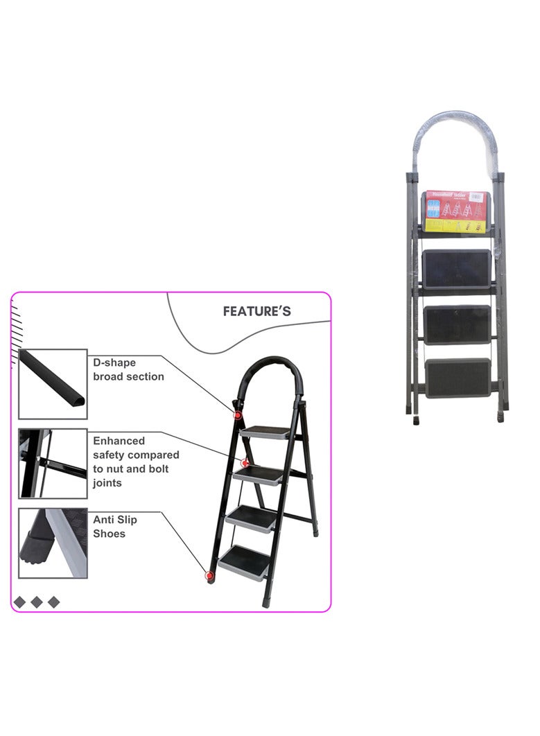 AL QADAH Metal Step Ladder 4 Step Foldable Gray 141x44cm Anti Slip Wide Pedals Safety Lock Tool Tray Lightweight Utility Ladder for Home Kitchen Garage Use - Image 2