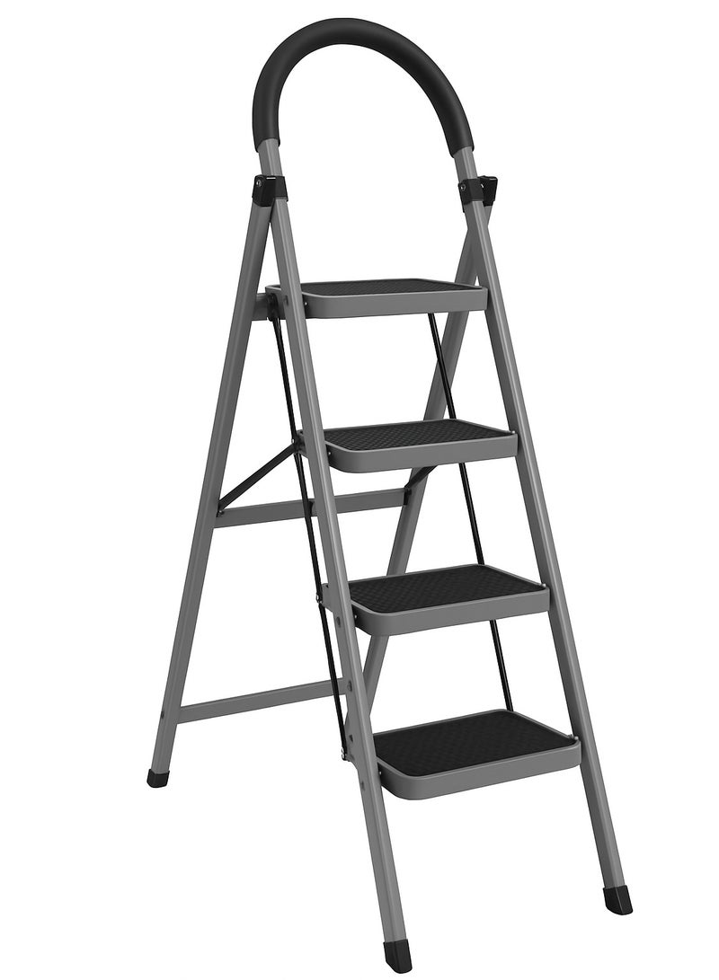 AL QADAH Metal Step Ladder 4 Step Foldable Gray 141x44cm Anti Slip Wide Pedals Safety Lock Tool Tray Lightweight Utility Ladder for Home Kitchen Garage Use - Image 1