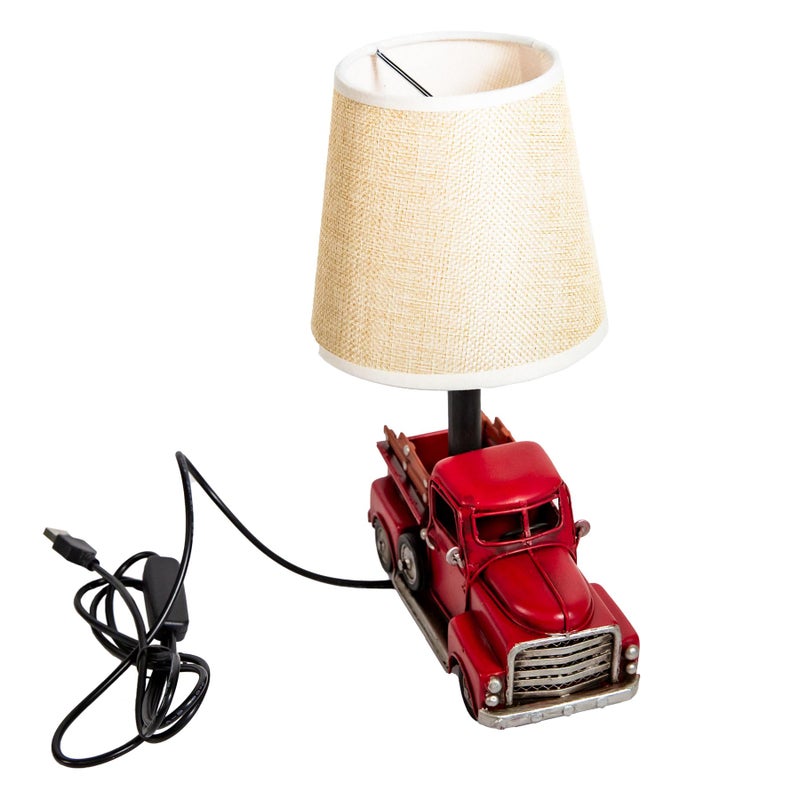 Berfutall-Decorative Rustic Red Vintage Truck USB Table Lampï¼ŒNight Light with Burlap Shade, 6.7 x 4.7 x 6.7 inches - Image 4