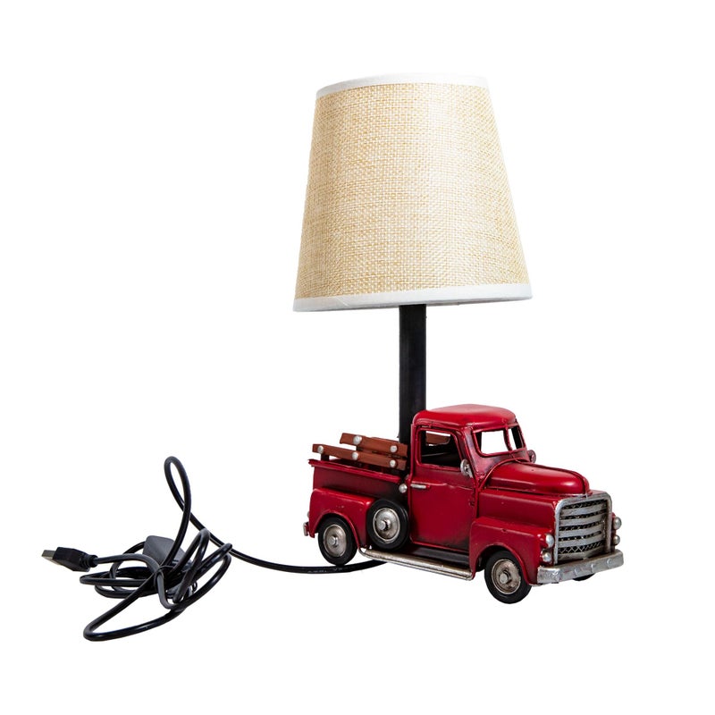 Berfutall-Decorative Rustic Red Vintage Truck USB Table Lampï¼ŒNight Light with Burlap Shade, 6.7 x 4.7 x 6.7 inches - Image 1