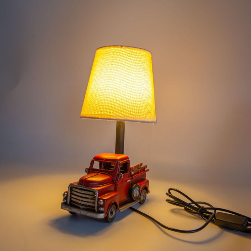 Berfutall-Decorative Rustic Red Vintage Truck USB Table Lampï¼ŒNight Light with Burlap Shade, 6.7 x 4.7 x 6.7 inches - Image 2