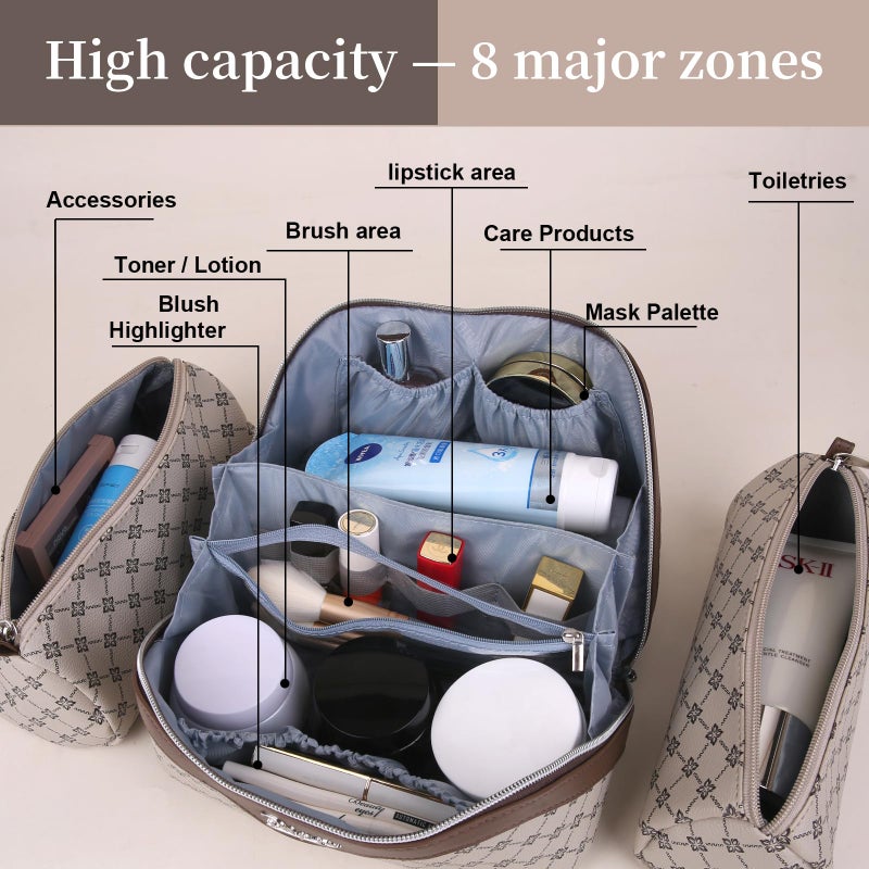 BOYATU Travel Makeup Bag Cosmetic Bags for Women: 3 Pcs Set Large Capacity Make up Bag with Handle - Vegan Leather Toiletry Bags with Compartments - Makeup Organizer for Travel Essentials(A-2-Khaki) - Image 5