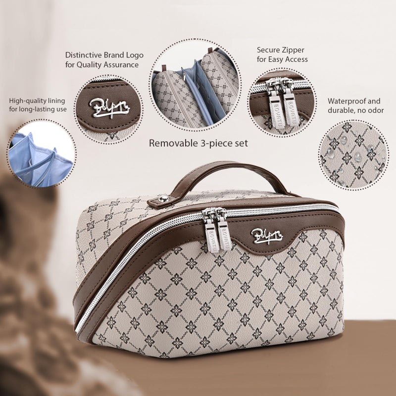BOYATU Travel Makeup Bag Cosmetic Bags for Women: 3 Pcs Set Large Capacity Make up Bag with Handle - Vegan Leather Toiletry Bags with Compartments - Makeup Organizer for Travel Essentials(A-2-Khaki) - Image 2