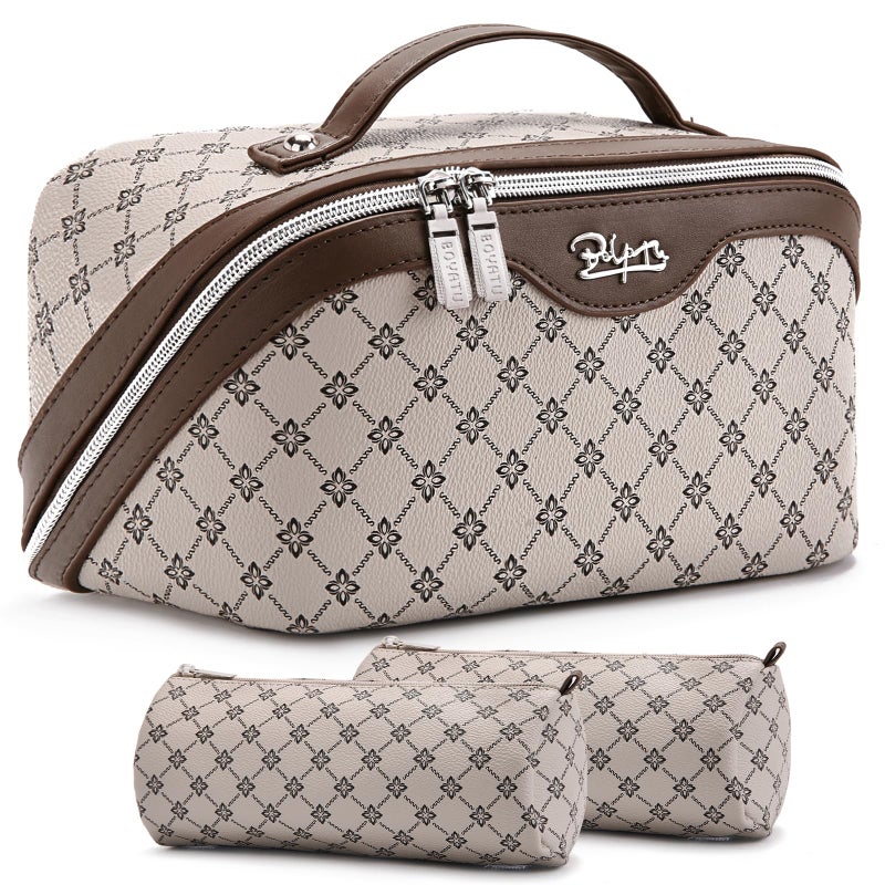 BOYATU Travel Makeup Bag Cosmetic Bags for Women: 3 Pcs Set Large Capacity Make up Bag with Handle - Vegan Leather Toiletry Bags with Compartments - Makeup Organizer for Travel Essentials(A-2-Khaki) - Image 1
