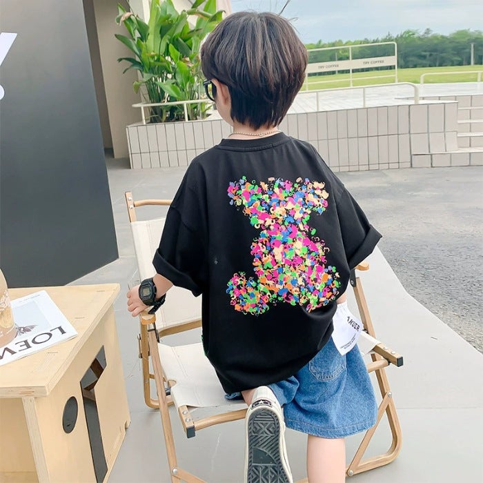 Boys' Short-Sleeved T-Shirt Kidsren'S Summer Top 2026 New Korean Style Boys' Half-Sleeved Bear Cartoon Round Neck Clothes T - Image 1