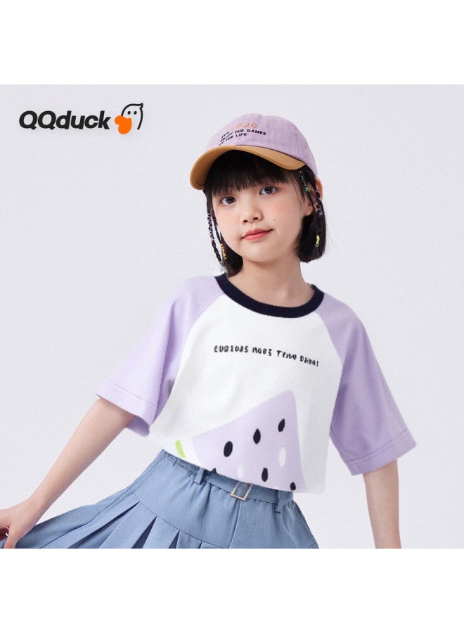 QQ DUCK تي شيرت قصير الأكمام للبنات من كيو كيو دك، ملابس صيفية للأطفال، قمة لطيفة للطلاب، ملابس شبابية، بنفسجي صودا الخوخ، مقاس 165 - Image 1