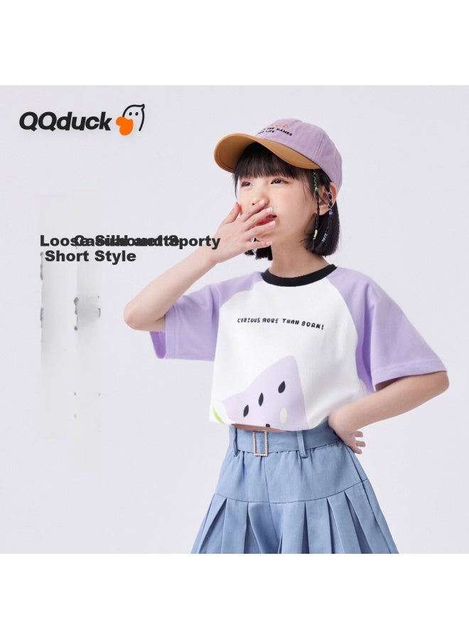 QQ DUCK تي شيرت قصير الأكمام للبنات من كيو كيو دك، ملابس صيفية للأطفال، قمة لطيفة للطلاب، ملابس شبابية، بنفسجي صودا الخوخ، مقاس 165 - Image 3