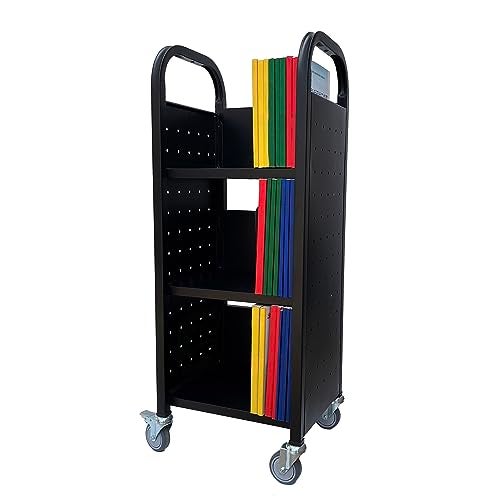 Workington Workington Single Bank Rolling Book Truck Book Cart with 3 Flat Shelves Library Book Cart with Swivel Lockable Casters 3000 Black 
