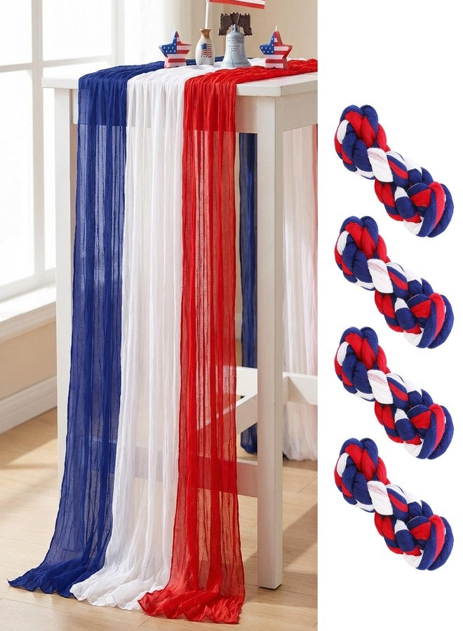 RunNico 4 PCS Patriotic Cheese Cloth Table Runner, 120 x 38 Inch 4th of July Sheer Fabric Table Runner, Red White and Blue Gauze Tables Decor for Independence Memorial Day Party Indoor Outdoor Decor - Image 1