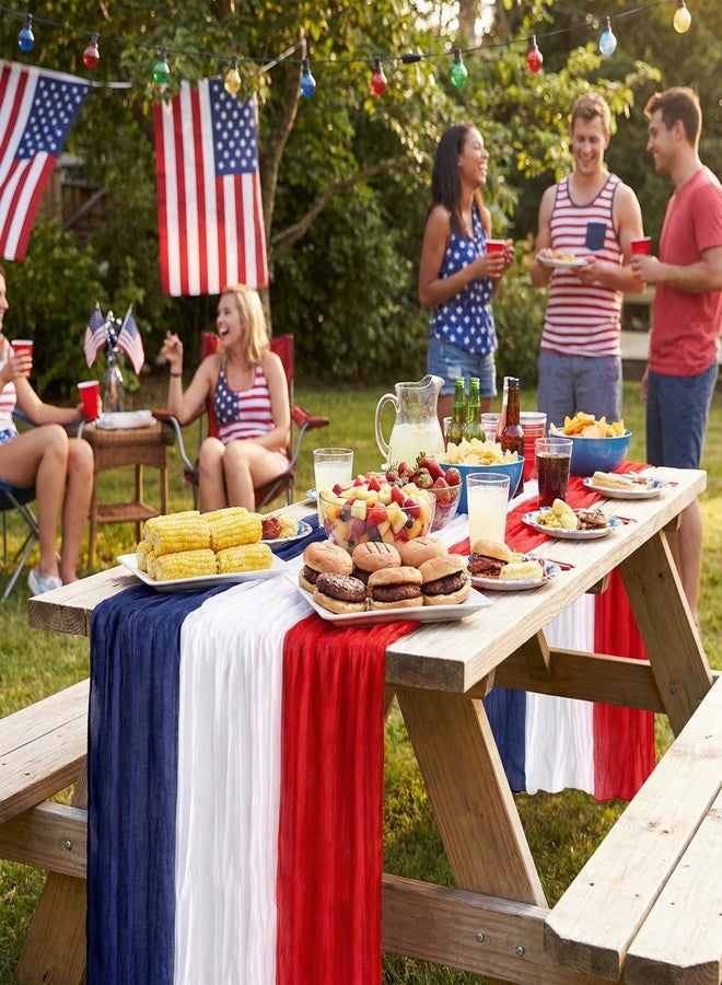 RunNico 4 PCS Patriotic Cheese Cloth Table Runner, 120 x 38 Inch 4th of July Sheer Fabric Table Runner, Red White and Blue Gauze Tables Decor for Independence Memorial Day Party Indoor Outdoor Decor - Image 5