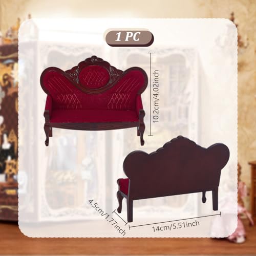 AHANDMAKER Dollhouse Furniture Miniature Accessories 112 Scale Mini House Vintage Red Wooden Carved Sofa Bench Armchairs for Dollhouse Living Room Scene Simulation Craft Decoration Party - Image 5