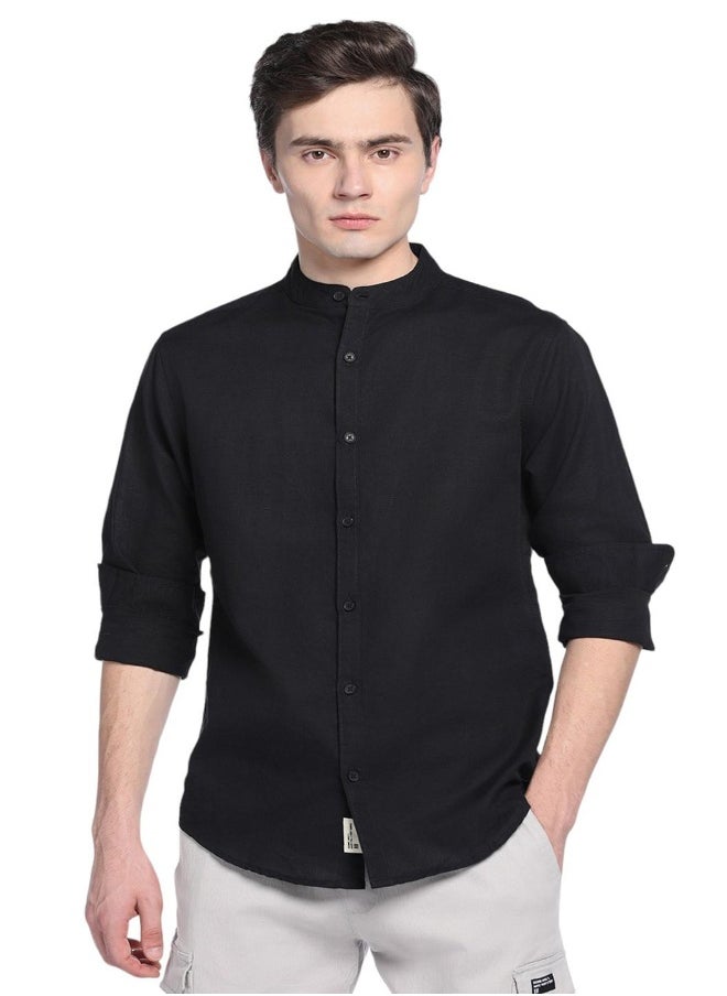 Dennis Lingo - Black Slim Fit Mandarin Collar Shirt for Men - Cotton, Solid, Full Sleeves, Casual - Image 1